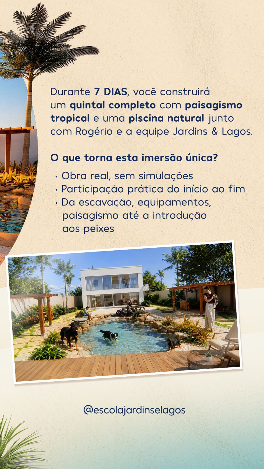 Obra concluída com paisagismo tropical e piscina natural
